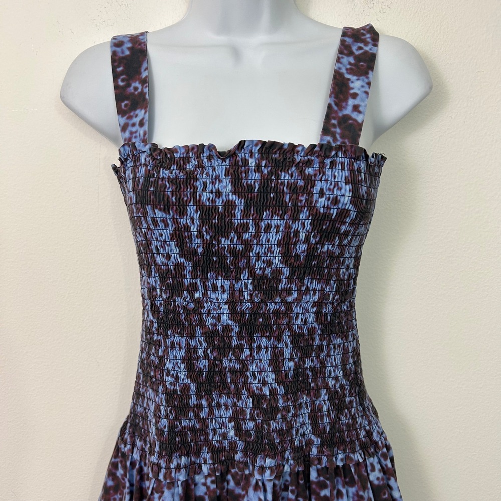Proenza Schouler White Label Blue Burgundy Smocked Cotton Midi Dress Size 12 - Picture 2 of 11